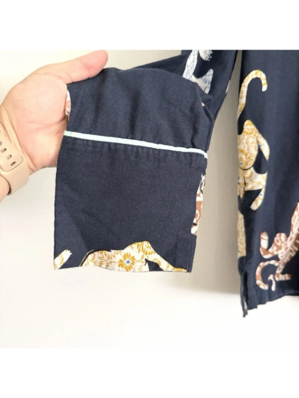Anthropologie Navy Blue Leopard Print Flannel Pajama Set Shirt Pants Women’s XS